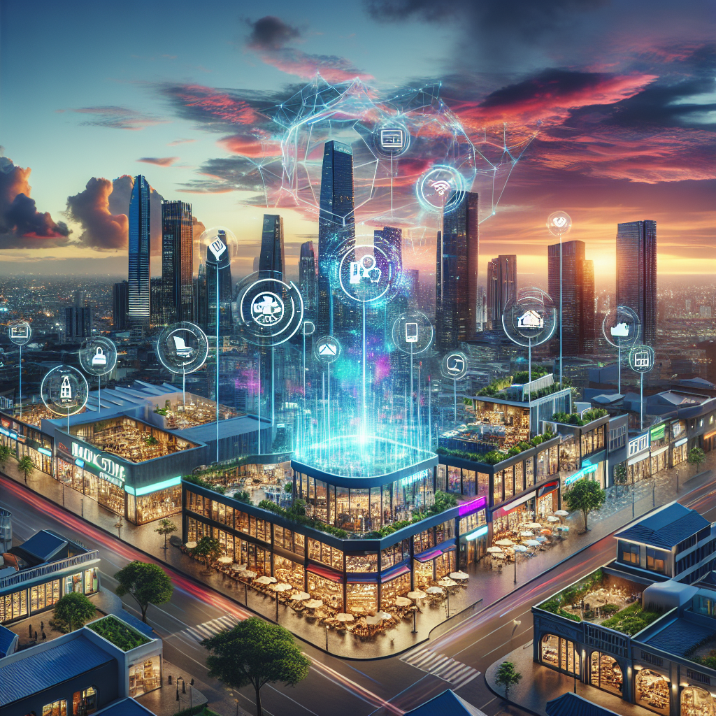 A scenic and expansive city skyline during sunset, with the colorful rays of the setting sun painting a beautiful display on the clouds. In the foreground, a myriad of businesses ranging from a bustling café with diverse outdoor seating, a book store with a hint of an old-world charm, and a modern high-tech startup with large glass windows reflecting the twilight. Within the city, digital screens on buildings display business listings that animate with a 3D holographic effect for emphasis. The hologram emphasizes the names of local businesses as they grow and rise, symbolizing their instant growth.