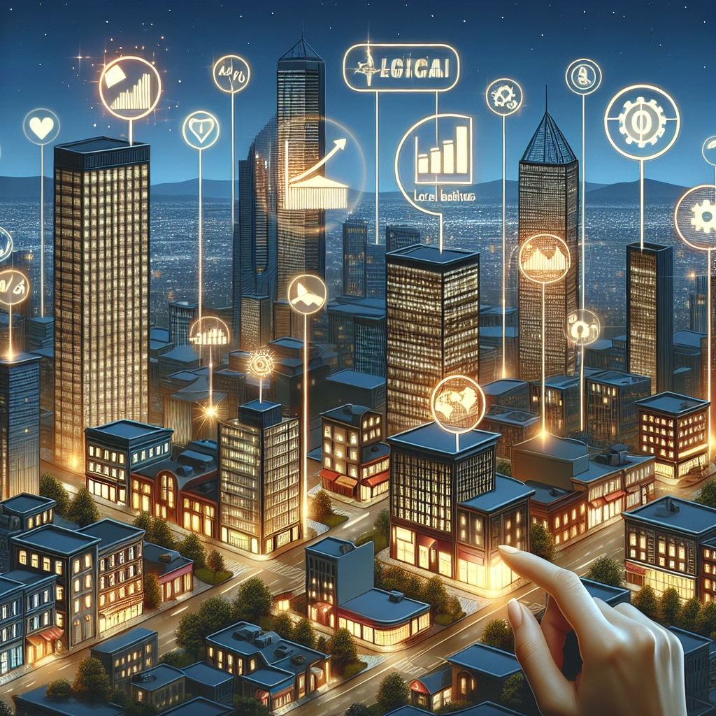 Depict a busy cityscape at dusk, with tall skyscrapers in the foreground and smaller buildings spread out in the distance. Illuminate some buildings with warm glowing lights denoting active businesses, and display a few billboards featuring local business advertisements. Highlight a few buildings with illustrated, detailed citations sparkling in an attractive manner. Craft these citations as a combination of numeric data, bar graphs and pie charts, symbolizing growth. Add a pair of hands in the bottom corner, effortlessly arranging these citations on the buildings, demonstrating the concept of easy business listings contributing to instant growth.