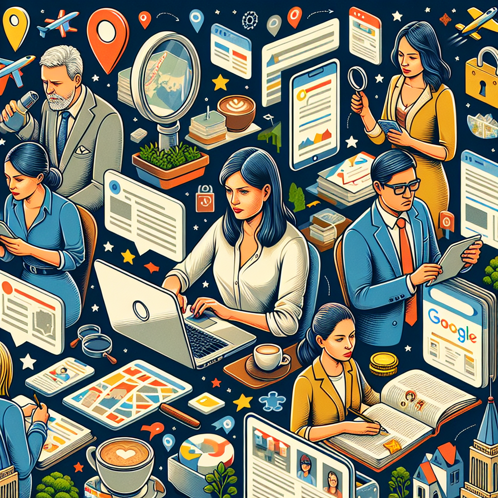 Create a detailed image representing Local On-Page SEO success. It should illustrate a diverse community of business-owning personas. Picture a Caucasian woman carefully placing keywords into her blog post, a Middle-Eastern man optimizing his local business website on a laptop, and an East Asian woman checking her business's Google My Business profile on a tablet. They should all appear focused and motivated. Elements like locally specific map data, customer reviews and 5-star ratings could also be visually depicted within the image to symbolize local SEO optimization. The background might contain a variety of local landmarks or geography hinting at diverse local businesses.