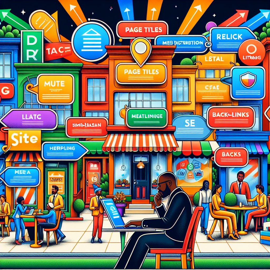 A detailed illustration of a local city street simultaneously showing multiple facets of on-page SEO success within the context of local businesses. It displays various storefronts in vibrant colors, with creative signs that indicate things like page titles, meta descriptions, and keywords. There's a human figure, a black male owner, looking at his laptop inside a café, suggesting the importance of regular site maintenance and updates. An array of other local businesses, each owned by people of different descents — Hispanic, Middle-Eastern, South Asian — are seen in the background with large arrows pointing towards them, indicating backlinks. All this against a backdrop of a dynamic, thriving city that captures the essence of successful local SEO strategy.