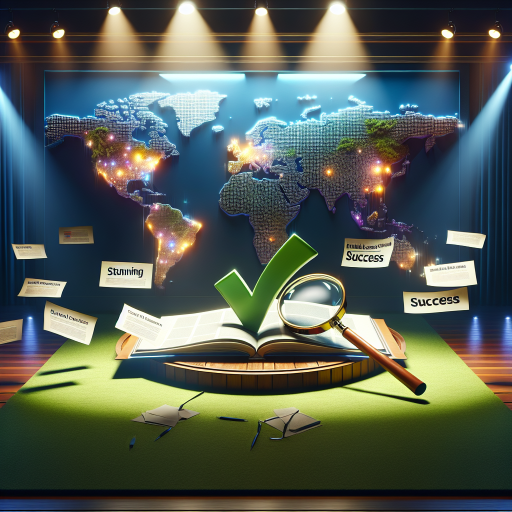 Imagine a vibrant digital stage illuminated by spotlights. Centered on this stage, there's a sturdy wooden podium with a giant green checkmark resting atop it, representing SEO success. A large magnifying glass hovers over the world map on a screen behind it, pinpointing several areas to signify local landing pages worldwide. Papers that shine with words like 'stunning', 'strategy', 'effortless success' and 'must-have' fly out from an open strategy book beside it, capturing the exciting essence of achievement in local SEO strategy.