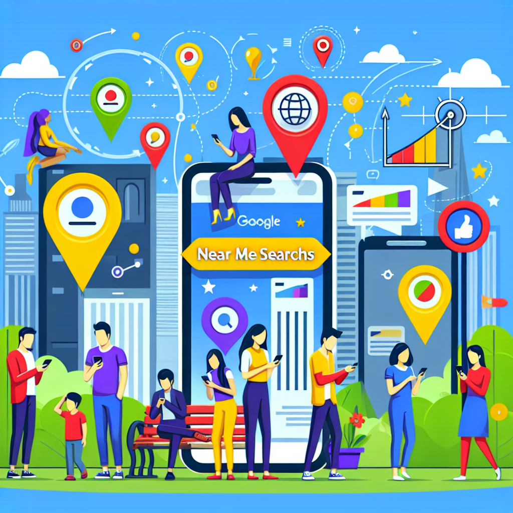 Design an engaging digital scene displaying the concept of Mobile Local SEO. The image should show a diverse group of people using their smartphones, with website ranking symbols/elements floating above the phones representing Mobile Local SEO activity. Included in the scene should be a signpost with 'Near Me Searches' written onto it, symbolizing the target of the optimization. Set the scene in an urban environment to represent the local aspect. Emphasize versatility, diversity, and the importance of up-to-date technology in today's digital marketing landscape.