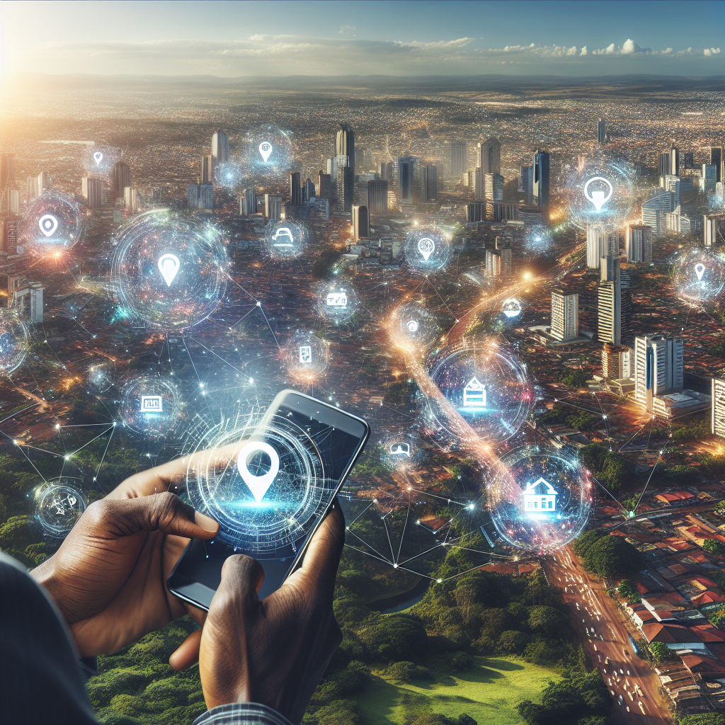 Show a picturesque bird's eye view of a dynamic, bustling city with diverse architecture, surrounded by lush greenery. In the foreground, a young African man is seen holding a smartphone, while a map application is displayed on his screen, dotted with local businesses including cafés and shops. In the upper part of the city view, translucent, holographic signs conceptually representing 'Local SEO', 'Near Me Searches', and 'Effortless Optimization' appear, floating and intertwined, radiating a gleaming light.