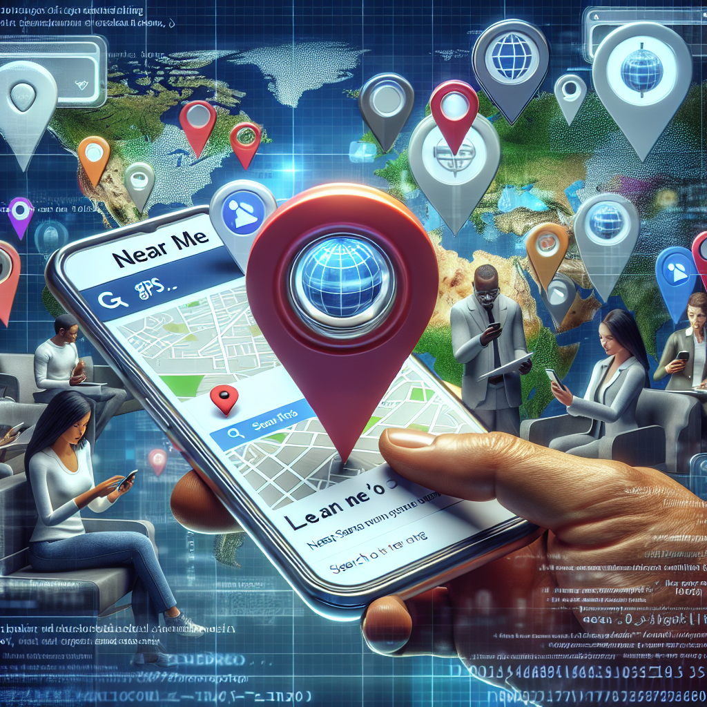 An illustrative concept depicting the process of Mobile Local SEO. Features a multi-ethnic group of people using mobile devices with search engine screens open, all surrounded by various location-specific icons showcasing 'Near Me' searches. The foreground should contain a detailed 3D model of a mobile phone displaying a GPS location icon with a search bar underneath saying 'Near Me'. The background of the image should reflect a digital world map. Add subtle elements of code and SEO-related symbols throughout the image.