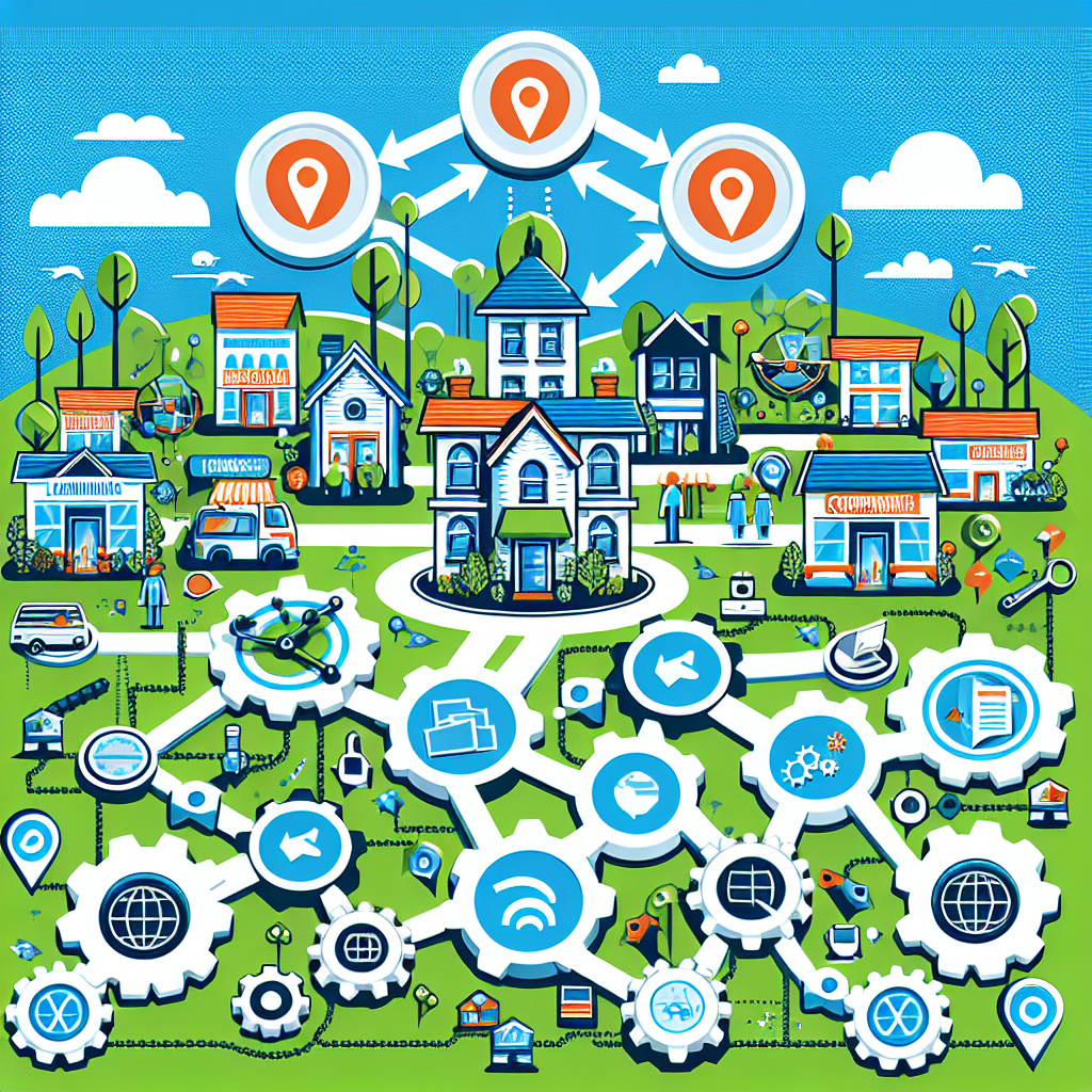 Create a vivid and informative graphic to depict the concept of local backlinks boosting and community link building. The image should feature elements of a local community, including small local businesses, a town map, and internet connections symbolizing backlinks. It should also highlight aspects like cooperation, communication, and mutual growth, possibly via the depiction of gears interlocking or trees growing together. Please avoid any hints of spammy practices and focus on ethical SEO methods. The primary color scheme should be blues and greens with white for contrast.