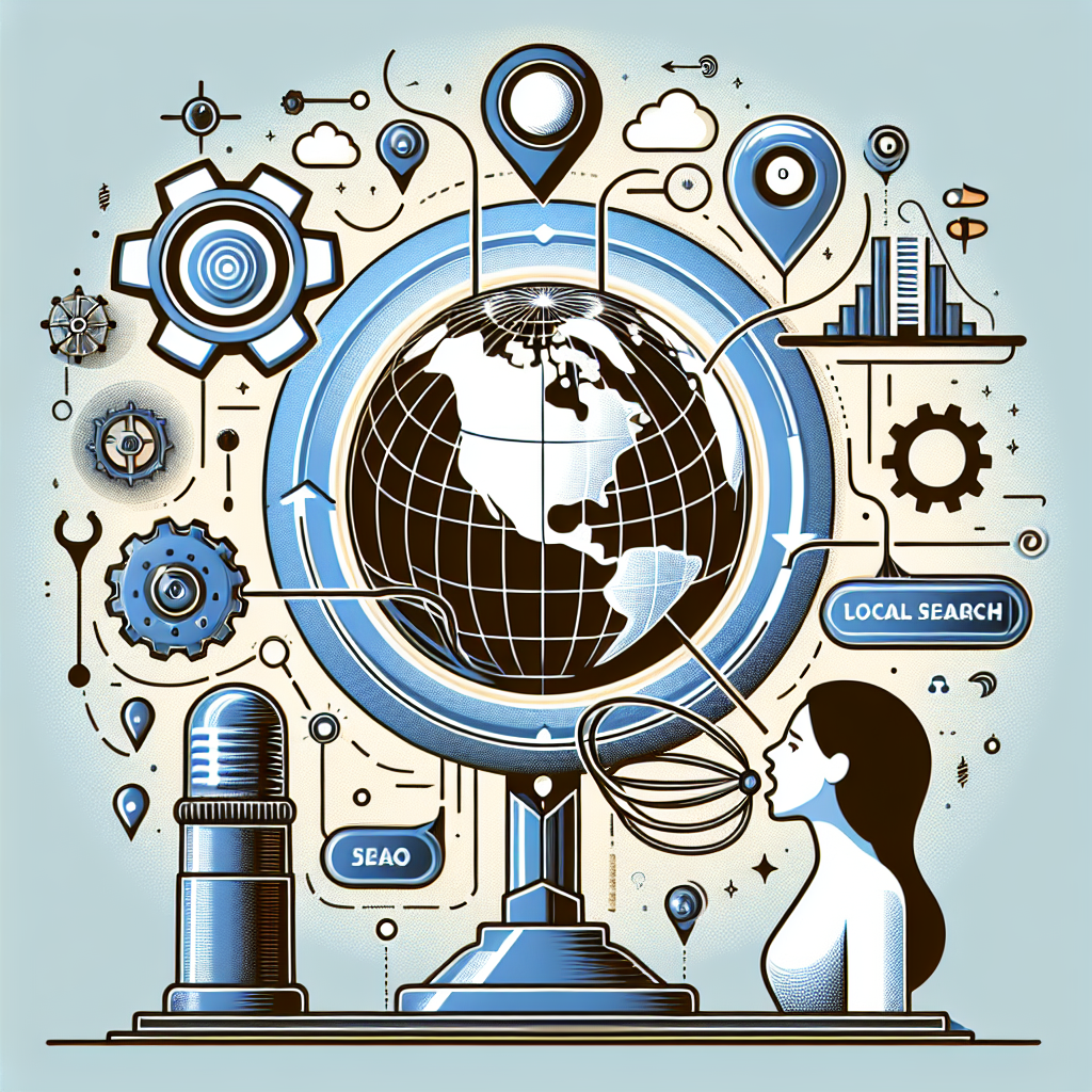 Visualize a concept depicting Local Search Engine Optimization techniques focusing on voice searches. Include a person speaking into a microphone that transforms into waves of sound. These sound waves head towards a symbolic globe, illustrating global reach. Surrounding the globe are various local landmarks or icons that represent different parts of the world, indicating the localization aspect. Have a giant gear mechanism in the background, signifying the intricacy of the SEO process. Include labels such as 'Voice Search', 'Local SEO' and 'Success'. Focus on a balanced representation of gender with Middle-Eastern descent for the person.