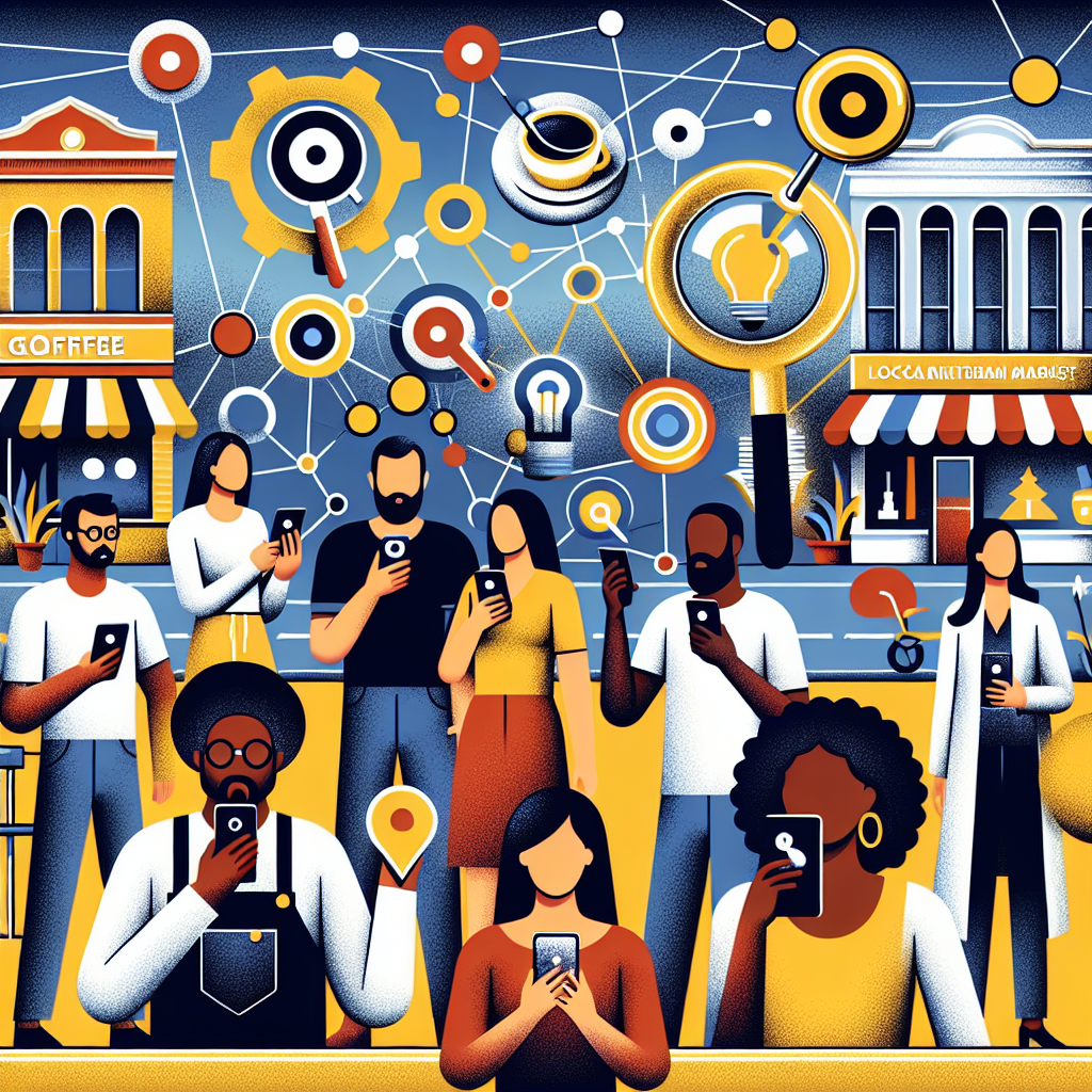 Illustrate a captivating visual depicting a diverse group of people using voice commands on their smartphones in a bustling cityscape. The individuals include a Hispanic woman, a Black man, a Caucasian man and a Middle-Eastern woman. They are scattered within the scene, employing gadgets for search queries against the backdrop of local businesses including a coffee shop, a bookstore and a farmer's market. Integrate symbolic elements emphasizing SEO, such as gear mechanisms, interconnected nodes and magnifying glasses, subtly hinting at the concept of optimization and local search.