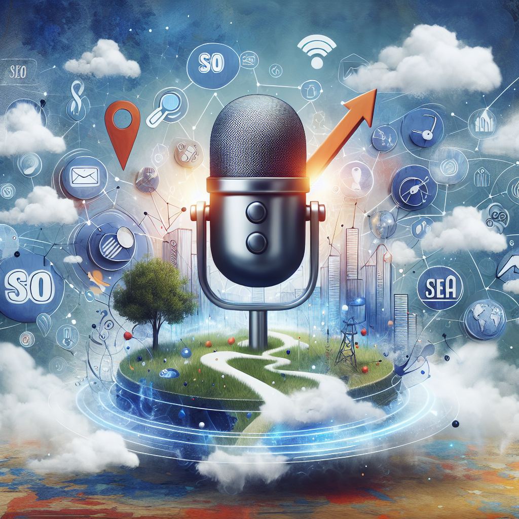 Imagine a scene depicting Voice Search Local SEO: An abstract painting showcasing concepts like a microphone symbolizing voice search, a geographical map indicating local SEO, an upward-pointing arrow pointing towards success, and effortlessly interwoven SEO tips appearing as subtle annotations around the scene. Also include various popular SEO symbols being executed on a digital device, signifying the must-have tips for success in this field.