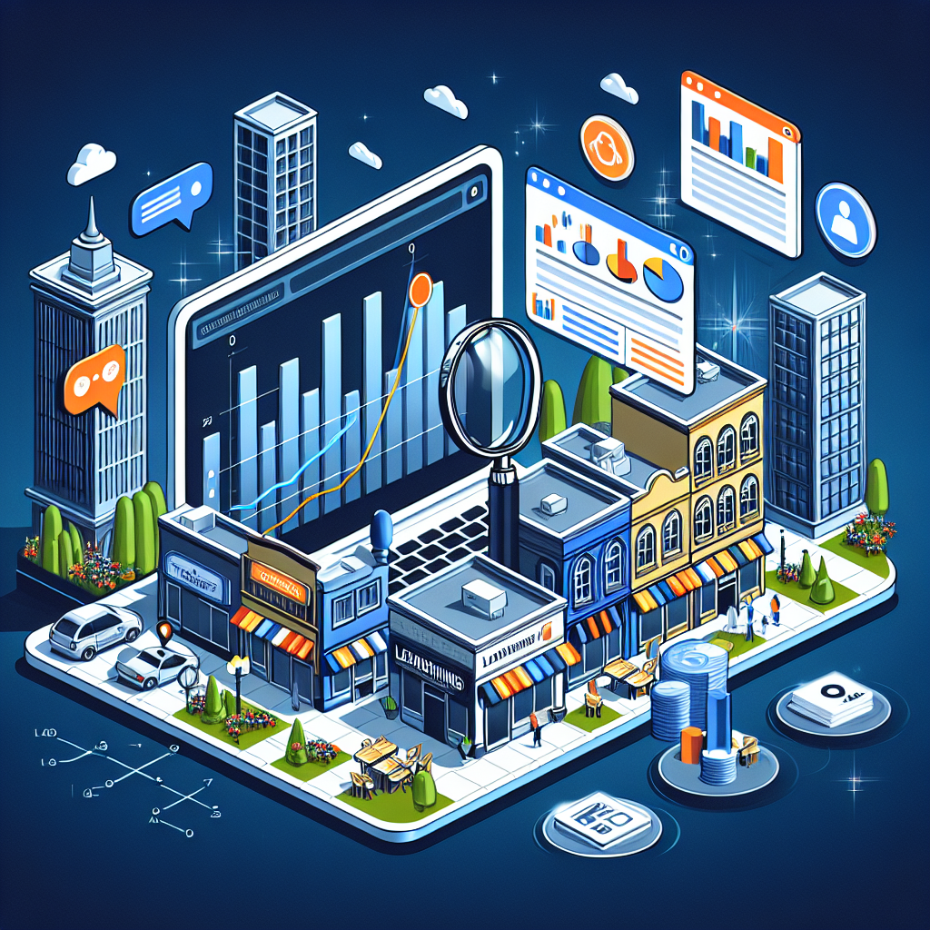 An illustration that portrays the concept of Local SEO Analytics. Show a detailed cityscape background with various types of commercial properties such as a restaurant, a clothing store, and a bakery. On the foreground, display a transparent laptop with graphs showing the progression of website rankings and traffic statistics. Make sure to include SEO icons like keywords, backlinks, and reviews around the laptop. Also, show a magnifying glass hovering over the city, symbolizing the process of search engine optimization. Do not include any people in this image.