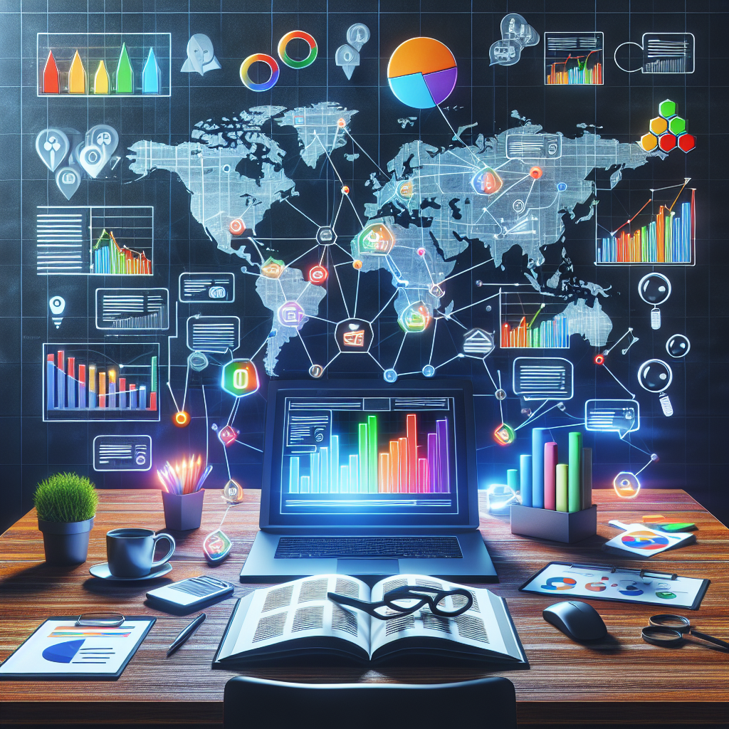 A conceptual image of local SEO analytics and strategies. Imagine a well-organized workspace with a laptop displaying multi-colored graphs and metrics related to SEO performance, like backlinks, user engagement, bounce rates and page rankings. Nearby, there are snippets of local maps, symbolizing local SEO focus. Above this table, there's a thought bubble showing essential strategies like keyword optimization, high-quality content creation, online directories, and customer reviews. Although abstract, it all insinuates the process of effortlessly tracking rankings.
