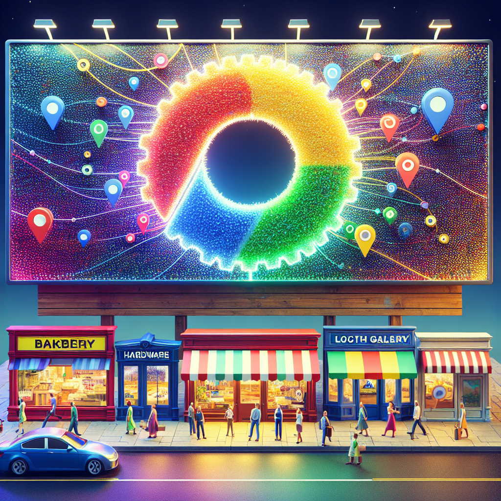 A vivid illustration visualizing Google Business Profile Optimization: imagine a shiny, colorful billboard on a busy street, embodying Local SEO. In the center is an abstract symbol hinting towards 'optimization', like a radiant gear or a bright 'check' icon. On either side, there are miniature 3D businesses - a bakery, a hardware store, and an art gallery - representing local businesses. These establishments should range in descent, with Hispanic, Middle-Eastern, and South Asian business owners standing proudly in front of each. Display universally recognizable symbols related to 'Google', such as search bars and location pin, subtly incorporated into the design.