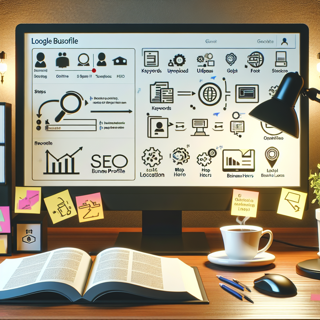 Visualize a digital workspace with computer screens displaying Google Business Profile interface. On one screen, indicate a series of steps for optimizing the profile, using icons and labels such as 'keywords', 'images upload', 'map location', and 'business hours'. On a nearby table, place a thick SEO guidebook opened to a chapter titled 'Local SEO Strategies'. Give additional context with post-it notes, filled coffee mugs, and a desk lamp illuminating the workspace.
