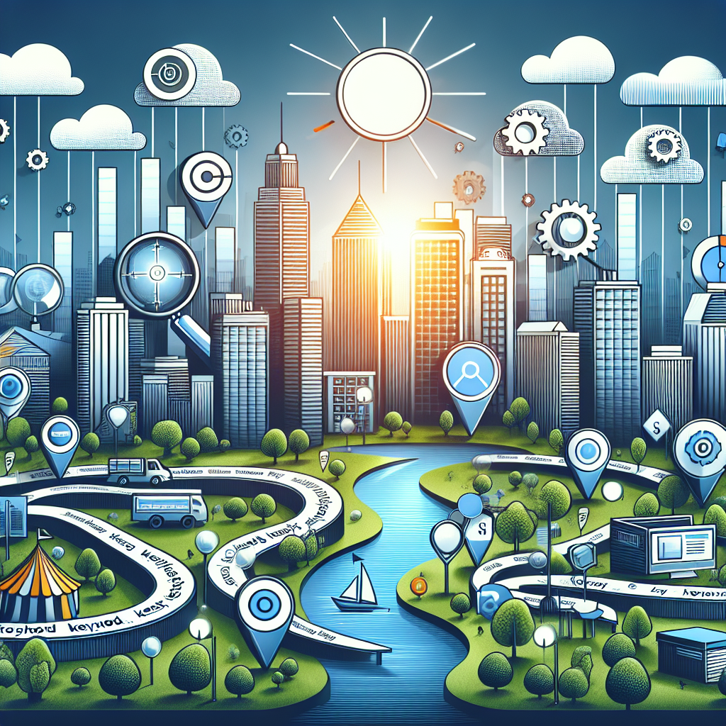 An illustrative visual for an informative article, showcasing a city skyline composed of various SEO (Search Engine Optimization) related icons such as a magnifying glass, computer, target, and gears. Overlaying the cityscape are visible keyword streams flowing like rivers of text, symbolizing keyword research practices. To accentuate the local element, add noticeable landmarks like a city hall, a traditional fair or a city park. In the sky, show bar graph clouds indicating the rise and fall of optimization success, and a sun bearing the emblem of Google as a symbol of search engine dominance.