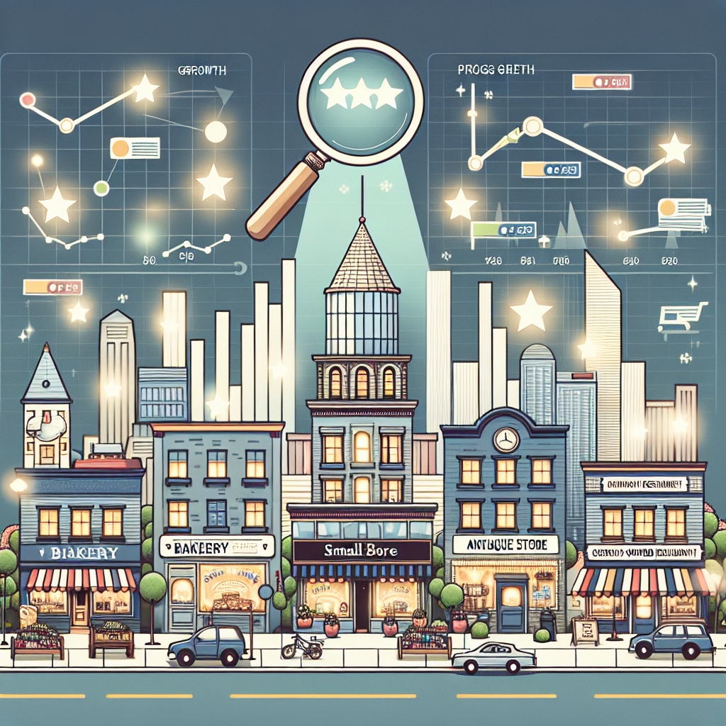 An illustration of a bustling local cityscape dotted with various small businesses like a bakery, antique store, and a family-owned restaurant. Draw attention to a few key areas with virtual glowing stars implying positive customer reviews. Above the city, illustrate a magnifying glass hovering over the scene symbolizing Google's SEO. Underneath, include a background landscape of progressive growth charts and SEO graphs indicating improvement. Adapt your style to a simplified, technological art style akin to a modern infographic.