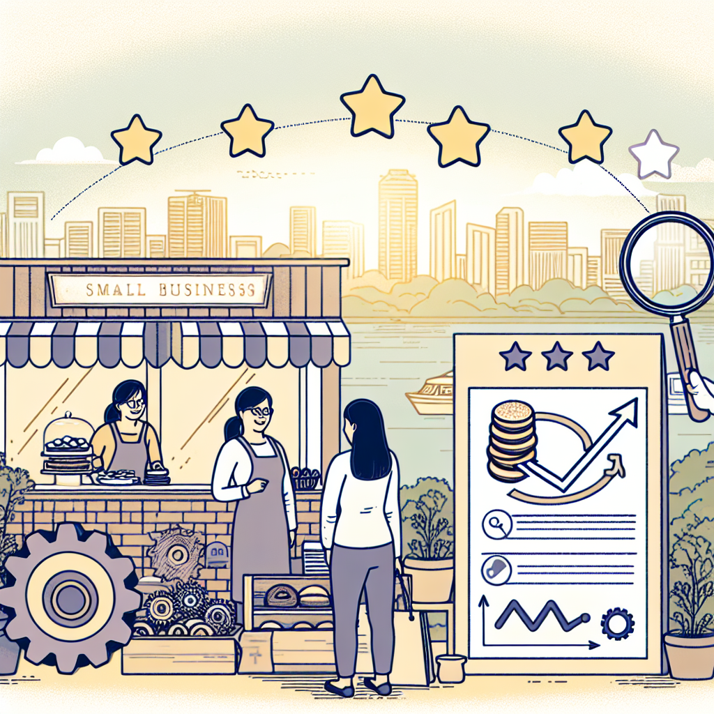 Visualize a local small business setting, perhaps a family-owned bakery. Illustrate an Asian female owner engaging with customers inside the store. In the foreground showcase a signboard with five stars slightly faded, illustrating the concept of ratings and reviews. Nearby, add symbols like gears and a magnifying glass, representing the mechanism of SEO. Feature an arrow gently curving upwards, denoting improvement in Google rankings. In the backdrop, display a scenic city landscape representing the local urban environment.