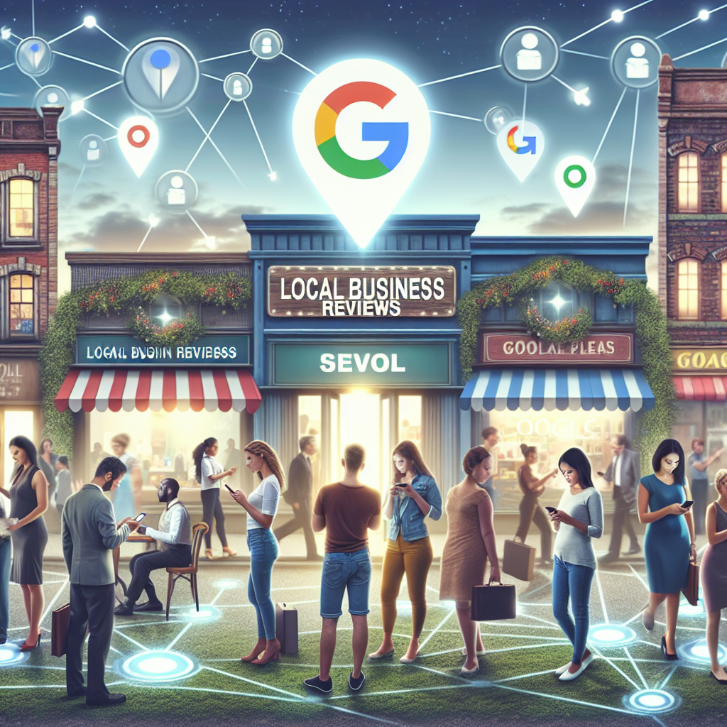 A bustling local business scene, featuring a diversity of shops and consumers of different genders and descents. Featured prominently is a glowing sign that reads "Local Business Reviews". Closer to the foreground, a diverse group of people are shown engaging with their smartphones, interested and focused. Beneath their feet, there are visible signals akin to roots that connect them to the various businesses around them, symbolizing SEO connection. Nested in the sky above, a large, subtle Google logo floats, casting a reassuring light over the entire scene.