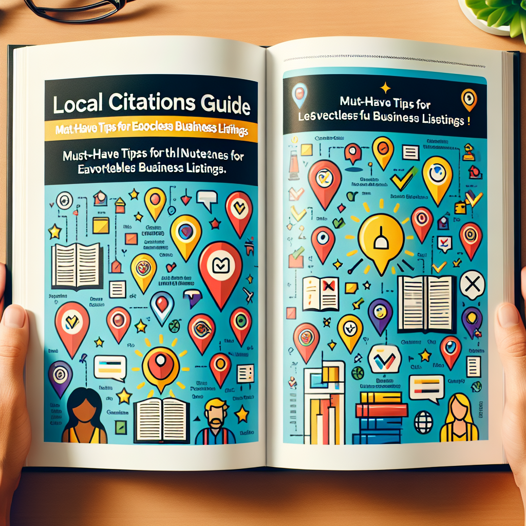 Visualize a comprehensive, inviting guidebook opened on a table. The title on the cover reads 'Local Citations Guide: Must-Have Tips for Effortless Business Listings.' Inside, there is a curated mix of vibrant diagrams and bullet-point lists, explaining the nuances of local citations. Imagine symbols like location pins, check marks, and little lightbulbs representing the tips and tricks for effortless business listings. Also, depict diverse business owners of different genders and descents engaged in study, showing their interest in successful local citation practices.