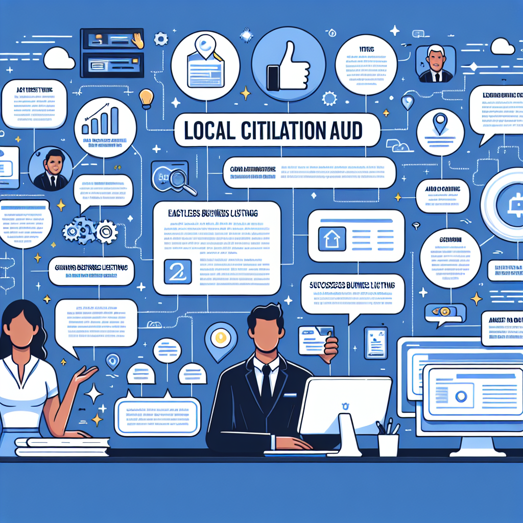 Visualize a detailed infographic for a local citation guide. This landscape orientation infographic is divided into several sections, each filled with text and illustrations related to tips and concepts essential for effortless business listings. It can include a Caucasian woman on the left analyzing data on her computer; a Hispanic man at the center, adding his business details on an online directory; and a South Asian man on the right side, giving a high five to a thumbs-up icon, signifying successful business listing. The design style is modern, clean, and professional with a dominant color scheme of blue and white.
