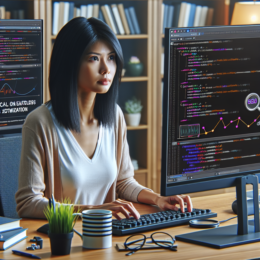 A dedicated computer engineer sitting on her office desk working diligently on improving the local on-page Search Engine Optimization (SEO) of a website. She has dark hair, Asian descent, and is focused on a dual-monitor setup where numerous lines of codes and analytical graphs are displayed. An SEO guidebook with 'Must-Have Tips for Effortless Optimization' written on it, a cup of coffee, and some SEO-related symbols such as a magnifying glass over a keyword and backlinks are also present on the table.