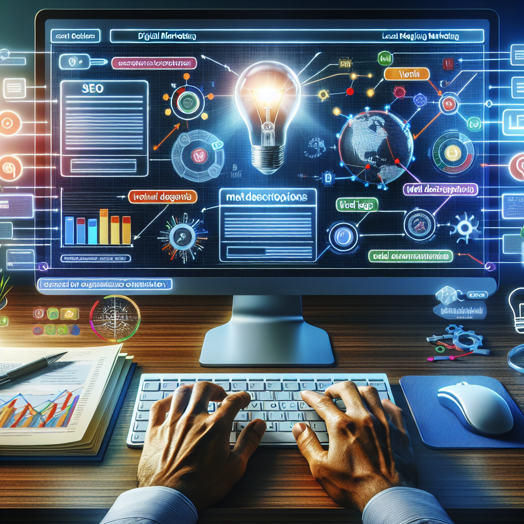 Visualize an inviting, efficient and professional digital marketing environment. The focus is a large, crystal clear computer screen displaying a webpage freshly optimized for search engine algorithms. There are various SEO elements indicated by colorful arrows and diagrams, including the use of keywords, meta descriptions, and header tags. A pair of focused, skillful hands of a South Asian man are on the keyboard, tweaking the details. A detailed infographic on local SEO tips is placed side by side. A bright light bulb symbolizing the 'aha' moment for effortless optimization is glowing above the computer screen.