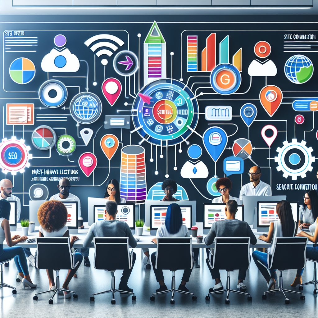 An image demonstrating the concept of local landing pages SEO. Depict a diverse group of people of various descents, including Black, Hispanic, Caucasian, and South Asian, working on computers in a modern office. They are brainstorming and implementing effective and effortless SEO strategies represented by colourful diagrams and flowcharts on the screen. There are visible icons and symbols of search engines, geographical locations, and algorithmic factors that contribute to local SEO. They are further enhancing the effectiveness by focusing on must-have elements like site speed, mobile optimization, secure connection (HTTPS) and quality content.