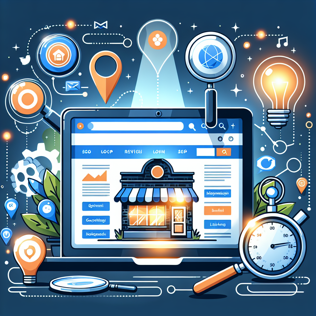 An illustrative image highlighting key elements of SEO optimization for local landing pages. Imagine a large laptop screen that displays a beautiful website of a small hometown coffee shop glowing brightly. Nearby, there should be several smaller icons representing necessary tactics for local SEO: a location pin for geo-tagging, a magnifying glass for keyword research, and a link chain for backlinks. Also, include a light bulb depicting innovative strategies and a stopwatch to symbolize time-saving techniques. All of these elements are seamlessly interconnected showing the efficiency of these strategies.