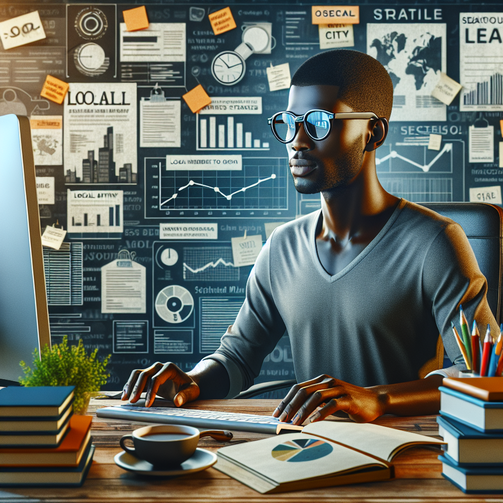 Visualize a detailed scene of a person working at a desk in a bustling creative office. The person, a Black male with short-cropped hair and glasses, is focused on his work, which is related to SEO (Search Engine Optimization). His computer screen shows various graphs and charts which represent website traffic and rankings. Beside him, there is a list of must-have strategies for local SEO. A stack of local city maps are placed on his desk. Behind him, his team members, a Middle-Eastern woman and a South Asian man, are having a discussion. They are surrounded by books, coffee cups, and notes stuck on the wall with different SEO strategies written on them.