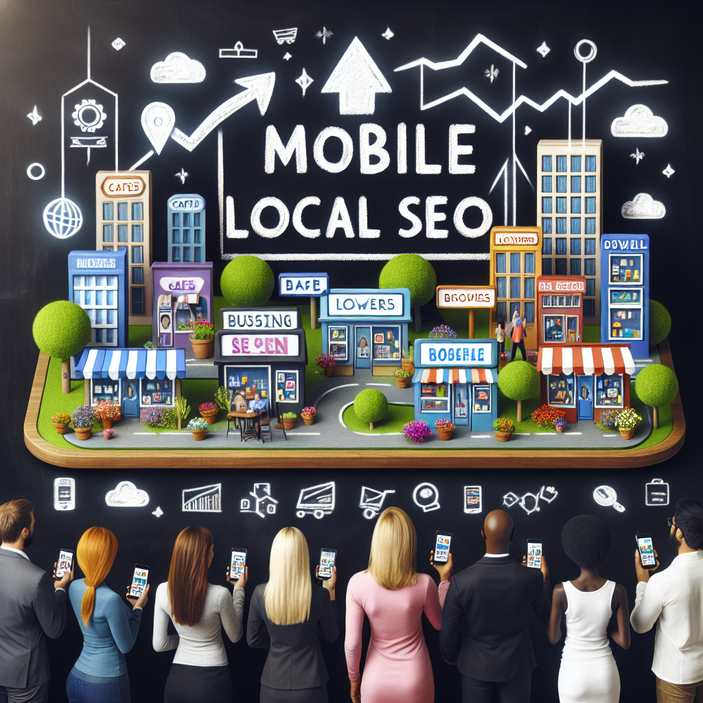 An illustrative representation of mobile local SEO boosting small businesses. Display a chalkboard with the words 'Mobile Local SEO' prominently written in white chalk. On one side, show a compact, brightly lit city showing various small businesses, from cafes to flower shops to bookstores, indicated by miniature signboards. On the other side of the chalkboard, depict an upward-pointing arrow, symbolizing growth. Have a diverse group of business owners (Caucasian woman, Black man, Hispanic man, South Asian woman) looking at the chalkboard, holding smartphones that display search engine result pages with local businesses listed prominently. Make sure the image signifies optimism and progress.