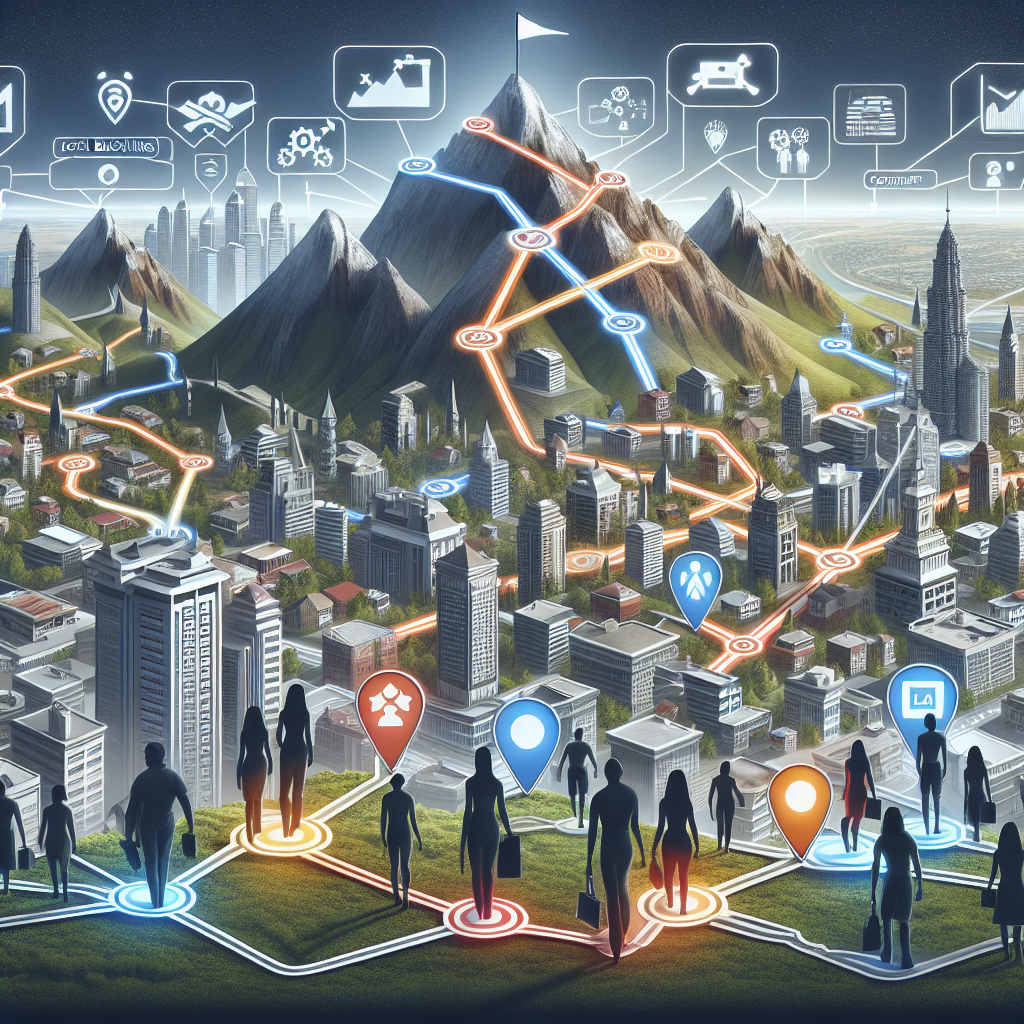 Create a digital representation symbolizing the concept of Local Backlinks and SEO success. Depict a sprawling city landscape with various architectural styles. Within the cityscape, show interconnected paths highlighted, representing backlinks. Superimpose above this, a mountain peak with a flag, representing SEO success. Show various individuals of different descents and genders, including Caucasian female, South Asian male, Hispanic male, and Black female, all hiking towards the peak using the paths, symbolizing their SEO strategies. Include visual elements like traffic lights or waypoints marked 'keywords', 'content', 'metadata' etc to illustrate SEO optimization components.