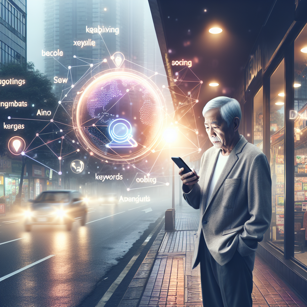 Picture a local store in a bustling city depicted in a light morning haze. An elderly Asian man stands outside the shop tweaking the settings on his new advanced phone, using a voice search application. In the background you can see the neon sign of the store, portraying keywords related to the business glowing brightly. High above the streets, a translucent overlay of digital metadata can be seen floating in the sky, symbolizing SEO optimization techniques. A few essential tips are highlighted within this overlay, suggesting strategies for optimizing local SEO for voice search.