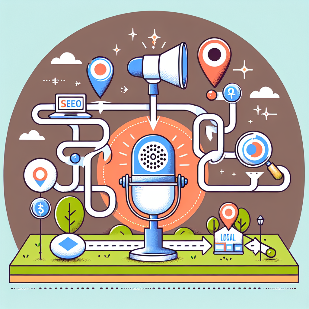 Illustrate a visual representation of a local Search Engine Optimization (SEO) concept focusing on voice search. Show different stages of optimization starting from a microphone (symbolizing voice search) leading to a magnifying glass over a local map (indicating a local search). The process in between should encompass essential elements like keywords, organic rankings, backlinking. Add some visual elements associated with SEO tips and techniques to enhance the conceptual illustration. Perhaps show arrows or waypoints to denote the pathway for voice search optimization with smooth, effortless actions.
