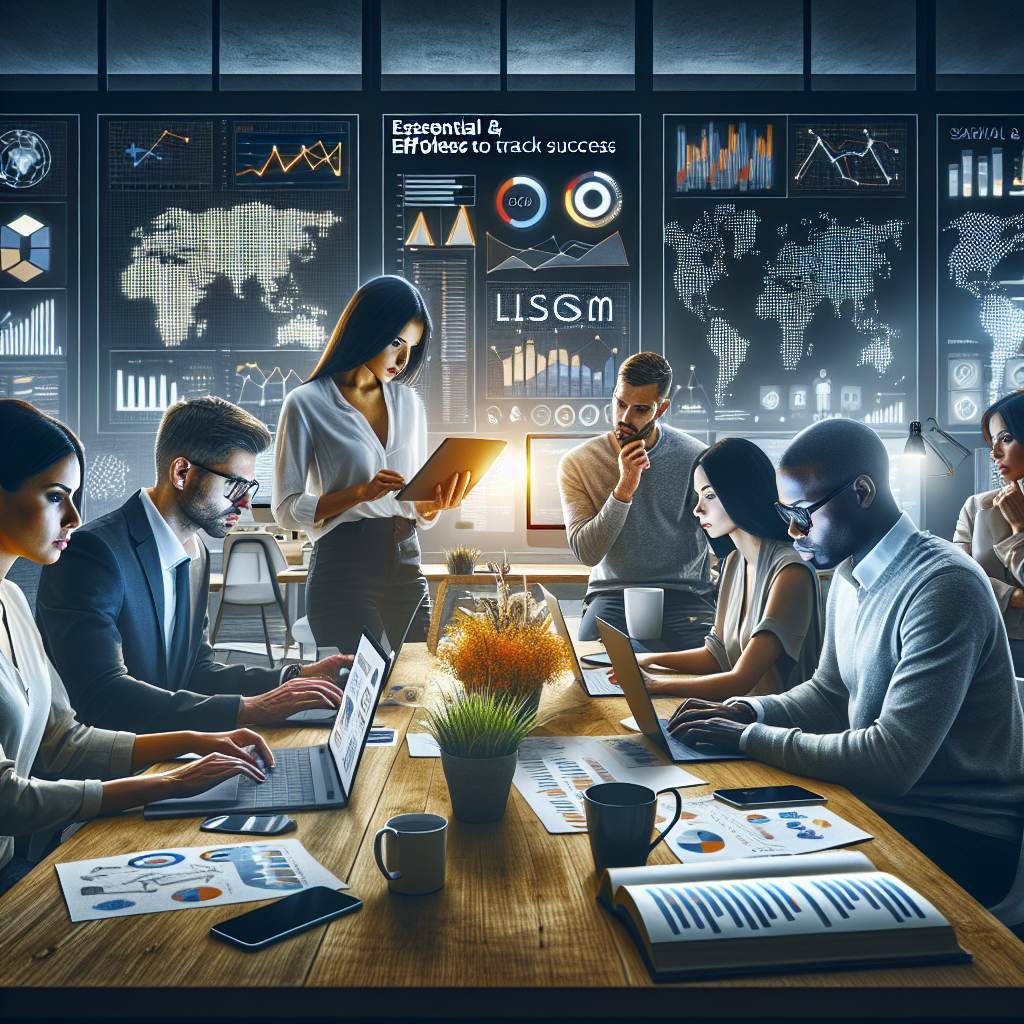 Create an image of a modern work environment portraying a scene of diverse professionals, including a Caucasian woman, an Hispanic man, a Middle-Eastern woman, and a Black man, all focused on examining analytics on their laptops and large screen displays. The room has elements like graphs, charts, and maps to mirror the concept of local SEO analytics. They are seen discussing strategies and tracking success. On the desk, a book stands out prominently, titled 'Essential & Effortless Guide to Track Success.' The overall atmosphere is one of dedication, concentration, and teamwork.