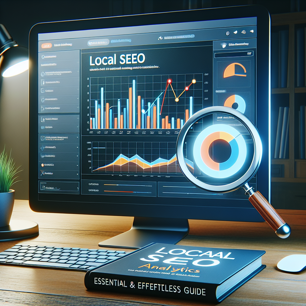Visualize a computer screen showing a local SEO analytics dashboard with various charts and graphs that represent essential and effortless tracking of the website's success. This screen is flanked by a book titled 'Essential & Effortless Guide' on one side and on the other side a magnifying glass highlighting a bar in one of the graphs. Keep in mind to depict the setting indicating a professional office environment.