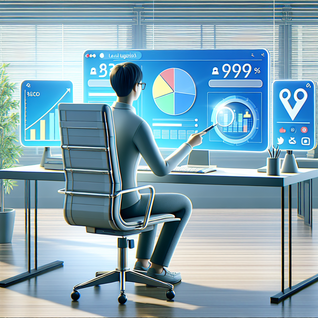 This image illustrates the concept of Local SEO Analytics. Visually, it features a person sitting at a desk with multiple computer monitors. The screen of the central monitor displays a detailed pie chart, line graphs and number metrics to symbolize data tracking. We see search engine logos on the sides, showing Google, Bing and Yahoo. The person, who is an Asian male, points and analyzes this data with interest. He is surrounded by a bright, modern office setting, filled with potted plants and sleek furniture, symbolizing a productive and tidy work environment. This image has cool lighting and neutral colour palette.