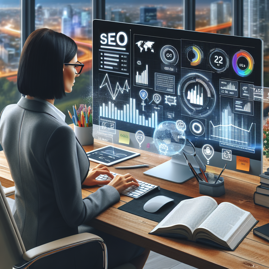 Visualize a modern office desk with a Caucasian female SEO specialist intensively working on a computer. On the screen, graphical representation of various metrics indicating an optimized Google Business Profile is visible. Nearby, there's an open guidebook titled 'The Ultimate Must-Have for Local SEO' with important points highlighted. In the background, diverse cityscape symbolizing local businesses can be seen.
