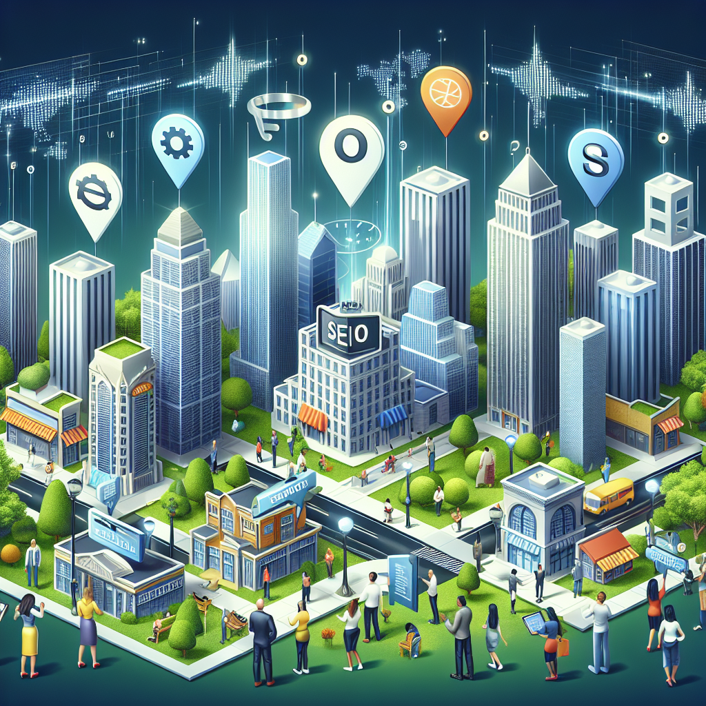 A busy cityscape with various buildings, each representing a different keyword from SEO. To the left, a skyscraper with the word 'Research' etched onto it, in the middle, a lush park named 'Essential', and to the right, a complex of modern design buildings labelled as 'Effortless'. In the foreground are diverse people including a Middle-Eastern woman and a Hispanic man, both engrossed in looking at city-map holding SEO tips represented as miniature city-based icons. Above them, the sky is illuminated with digital signals symbolizing local SEO optimization.