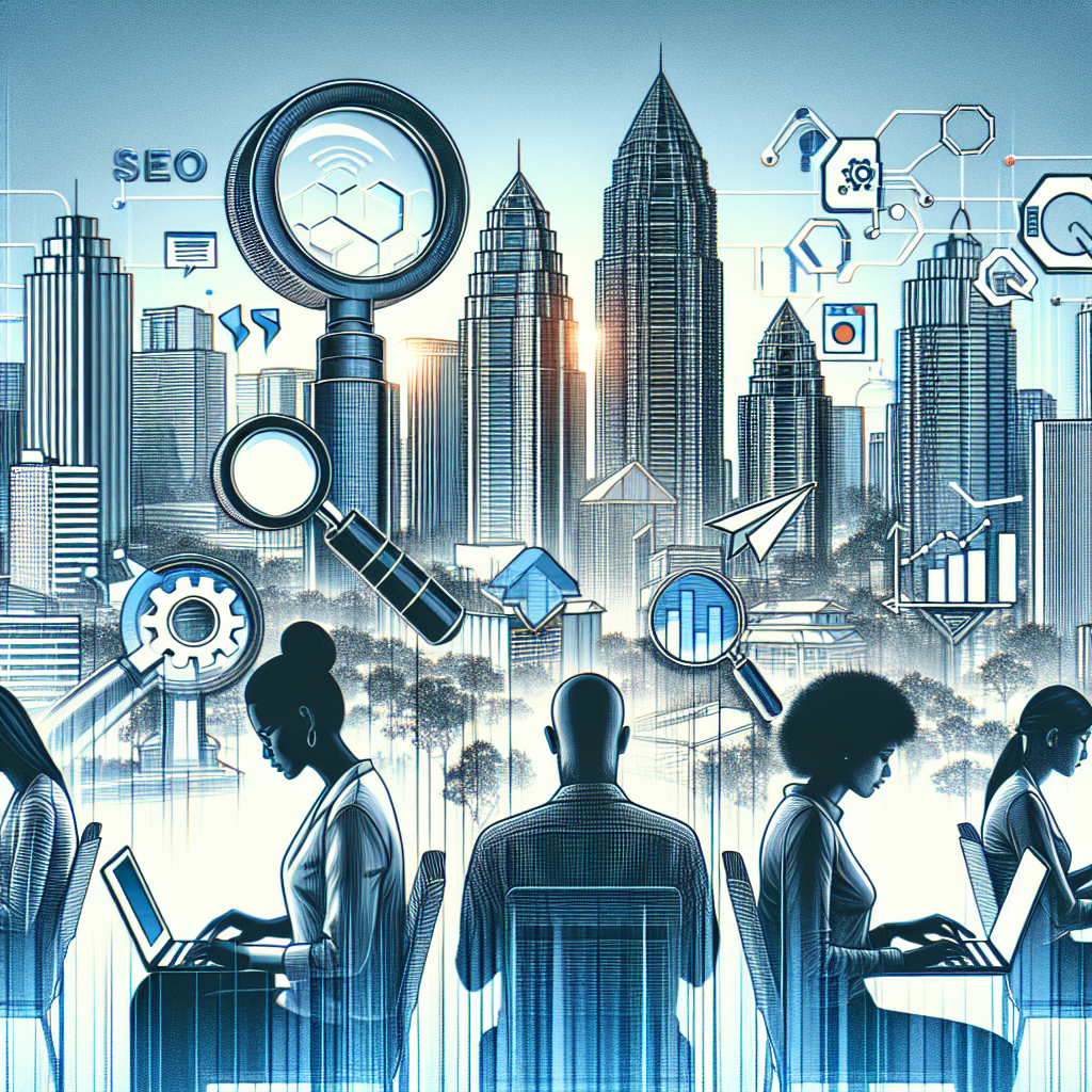 Illustrate an urban skyline with soaring high tech buildings, implying a bustling city. Overlayed on this image are SEO-related symbols and icons like magnifying glasses hovering over keywords, the process of analyzing keyword rankings and optimization charts. In the foreground, depict a diverse group of individuals (representing a Black woman, a Middle-Eastern man and a South Asian woman) engrossed in their laptops, focused on their screens, signifying local keyword research. Include a banner at the top of the image containing the text: 'Local Keyword Research: Essential, Effortless City-Specific SEO Tips'.