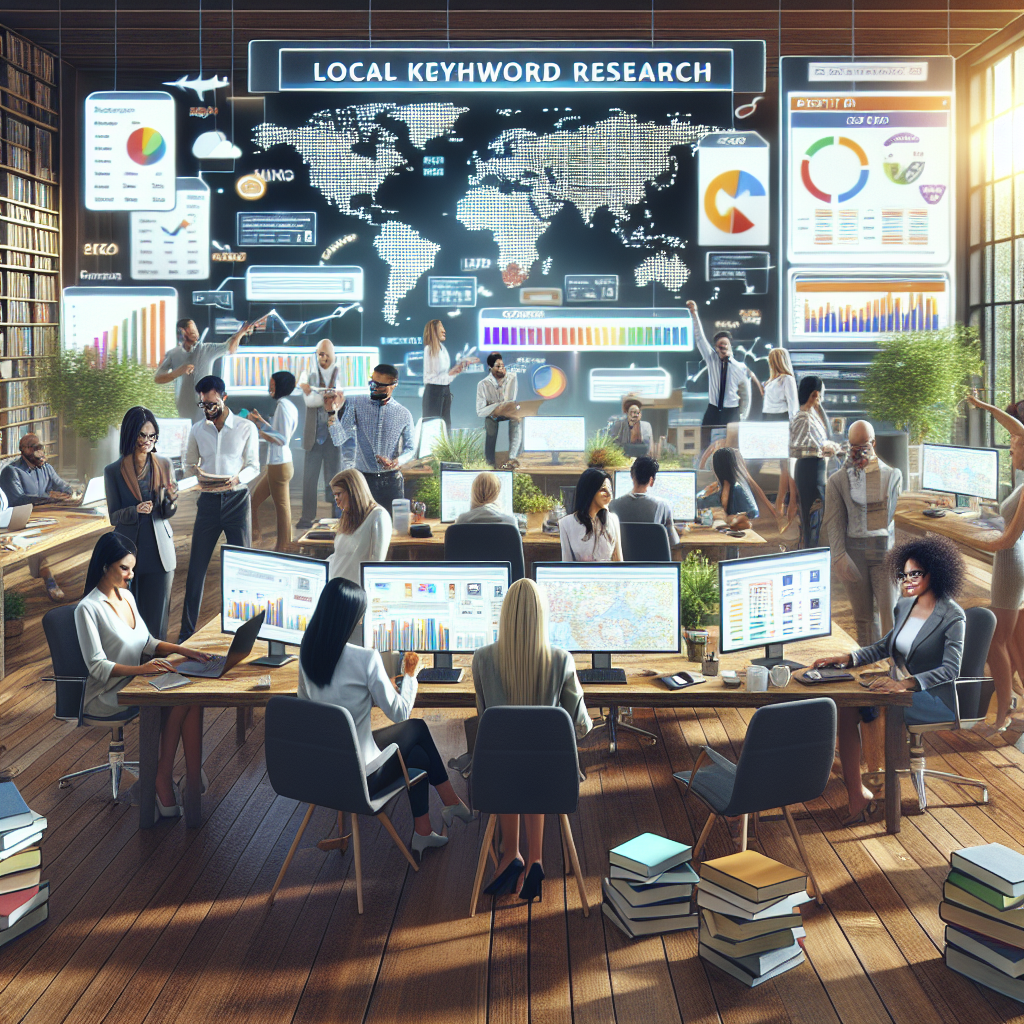 Imagine an enlightening scene which depicts the concept of local keyword research for city-specific SEO. Show a diverse group of digital marketing professionals, of various descents such as Caucasian, Hispanic, Black, Middle-Eastern, and South Asian, busily analyzing data on large screens that display maps of various cities, bar graphs, and search terms. Also include a pile of books on SEO tactics in the foreground on a wooden table. To convey the 'effortless' element, portray these professionals in a relaxed and confident mood, happily engaged in their work. Show a bright, welcoming office environment with modern furniture for contrast.