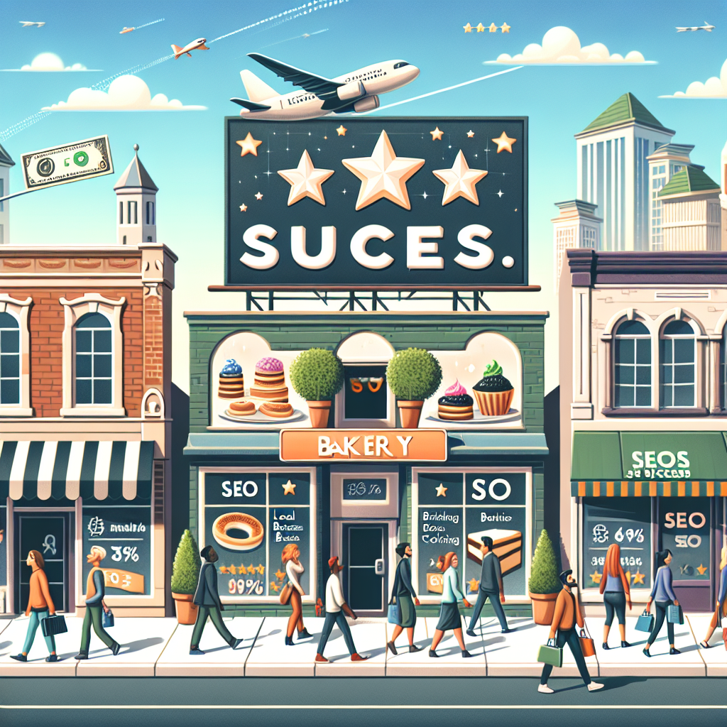 Illustration of a busy small-town street teeming with pedestrians of different descents such as Caucasian, Hispanic, Black, Middle-Eastern, and South Asian. Each storefront has a unique sign: one is a bakery with pastries showcased in the window, another is a stylish clothing boutique, and a third one is a high-tech gadget store. Overhead, there is a clear sky where 'SEO Success' is written in airplane skywriting. Visible in the foreground is a large billboard showcasing 5-star ratings and positive reviews, symbolizing local business SEO success. Currency and upward-pointing arrows are subtly integrated into the scene, indicating economic growth.