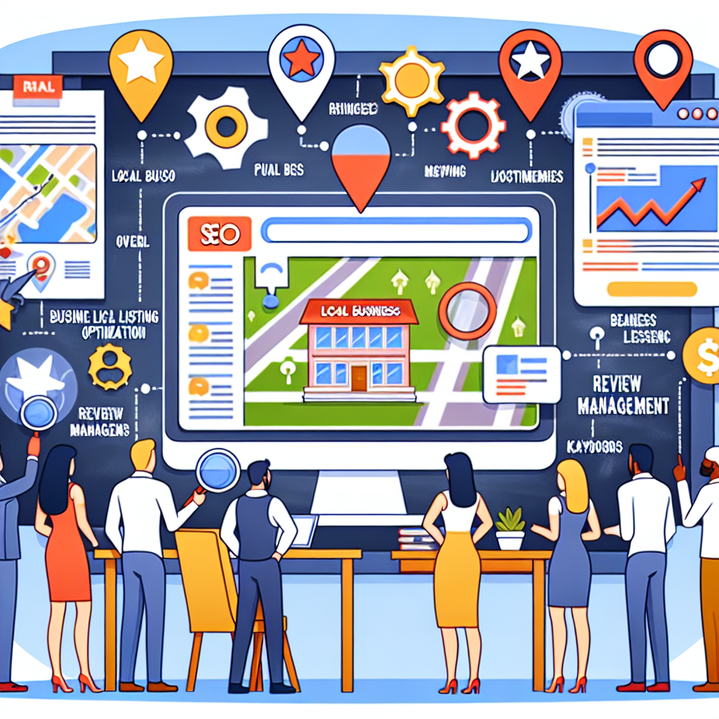 An illustration depicting various key elements of a successful local business SEO strategy. Feature a computer screen showing a website rich in user reviews, a map indicating local businesses, and symbols representing local SEO strategies such as business listing optimization, review management, and keywords research. Include a diverse group of small business owners, represented as a Caucasian woman and a Middle-Eastern man, standing in front of a chalkboard where they're mapping out their strategies, underlining keywords such as 'Local SEO' and 'Review Management'. Ensure the atmosphere conveys a sense of constructive brainstorming.