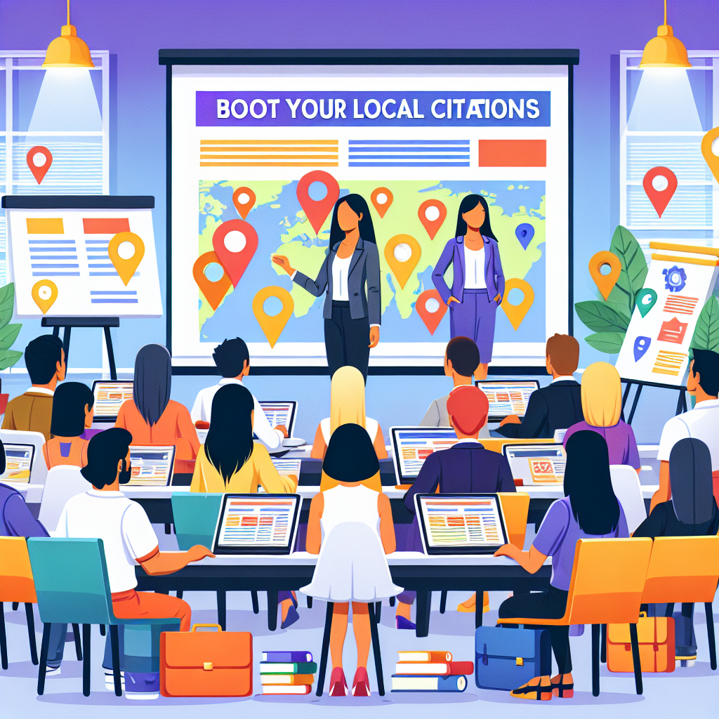 Visualize a local business scene where an female Asian entrepreneur is expertly teaching an audience of diverse individuals how to boost their businesses using local citations. The bright and inviting workshop setting includes business-related elements like a projection screen with a presentation about essential and effortless business listing tips, an bulletin board with colorful pin-pointed citations, a pile of local maps, and laptops open to a search engine page with highlighted local businesses. The audience is captivated and taking notes on their devices, embodying the boost this knowledge can give to their businesses.