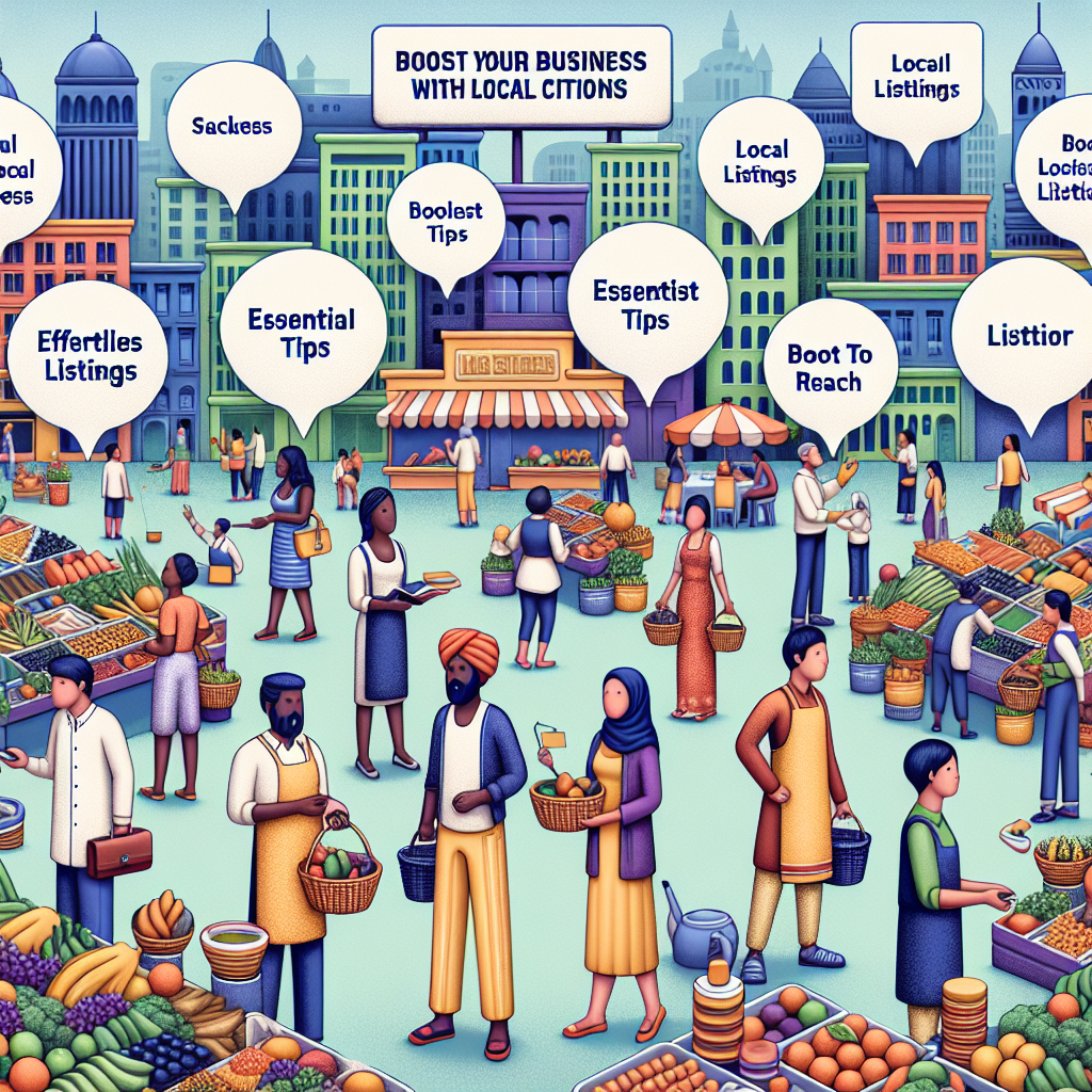 Imagine an image depicting a bustling local marketplace. The vendors are a diverse mix, with an African male fruit seller, a Caucasian female baker, Asian male spice merchant, and a Middle-Eastern female florist. All of them are busy attending to customers, symbolizing successful local businesses. Above the bustling marketplace scene, a sign in bold letters reads 'Boost Your Business with Local Citations'. There are also some smaller bubbles filled with short phrases like 'Essential Tips,' 'Effortless Listings,' and 'Boost Local Reach'. This image helps visualize the concept of optimizing local business listings.