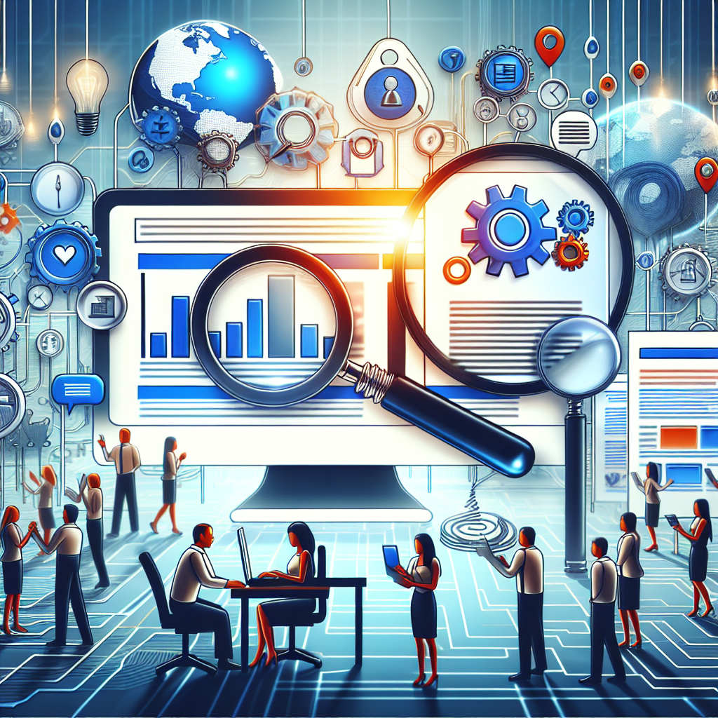 Generate an image depicting a modern digital landscape with symbolic representations of the key strategies for local on-page SEO. In this scenario, include a desktop computer screen showcasing a webpage with well-structured data symbolizing ‘structured data schema’, a magnifying glass over a well-written paragraph exemplifying 'keyword optimization', and a user-friendly website layout to represent 'quality content'. All these elements should be effortlessly connected with fine silk threads to illustrate the ease of optimization. Also include a diverse range of people such as a Caucasian woman and a Hispanic man, working together on the SEO strategies.