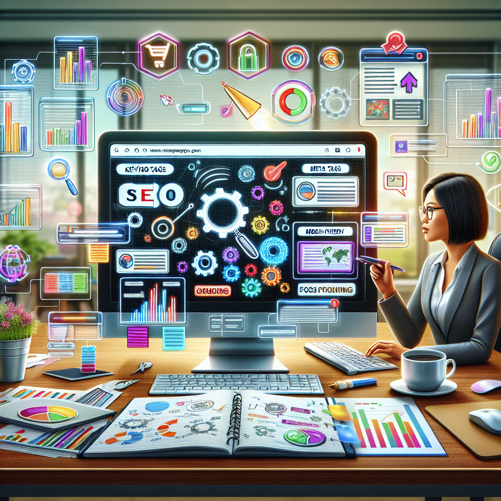 Imagine a lively and detailed digital marketing scene showing key aspects of On-Page SEO. In focus, a desktop computer on an office desk featuring multiple SEO-related tabs open in a web browser like keyword analysis, meta tags, headings, mobile-friendly, and fast load speed indicators. Various icons such as gears, magnifying glasses, checkmarks symbolize the optimization process. In the background, an Asian-featured businesswoman is confidently operating the computer with a cup of coffee nearby. Scattered across the desk, there's a notepad with handwritten SEO strategies, colorful bar graphs, pie charts, and stacks of analytic reports. Illustrate a bright and motivating ambience.