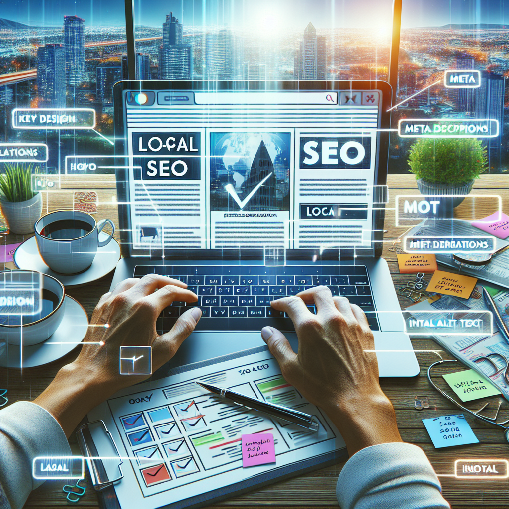 Imagine a detailed scene of local on-page SEO in action. There's a pair of hands typing on a laptop keyboard, on the screen of which is displayed a beautifully designed website with high-quality content. Close by is a checklist on a clipboard with boxes checked off, representing key strategies like 'Keyword Optimization', 'Meta Descriptions', 'Image Alt Text', and 'Internal Link Structure'. On the desk, you can see a cup of coffee and some colourful sticky notes with hand-written SEO tips. Overlaid in bold, visible letters are the words 'Effortless Optimization'. All this is against the backdrop of a local cityscape seen from a window, symbolizing 'local' SEO.