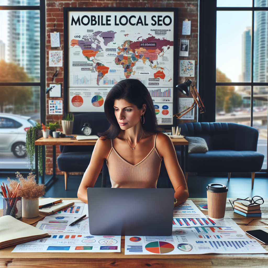 A small business owner from Hispanic descent is focused on her computer screen, conducting research on mobile local SEO strategies. Her workspace shows an organized desk with an open laptop, SEO-related diagrams, charts, and statistics spread across it. The walls are adorned by colorful motivational posters about growing small businesses. Through the large glass window behind her, the bustling city suggests her location in an urban environment. A large map of her local city is highlighted on the wall, showing the potential areas to target for her business. The coffee beside her symbolizes her round the clock dedication.