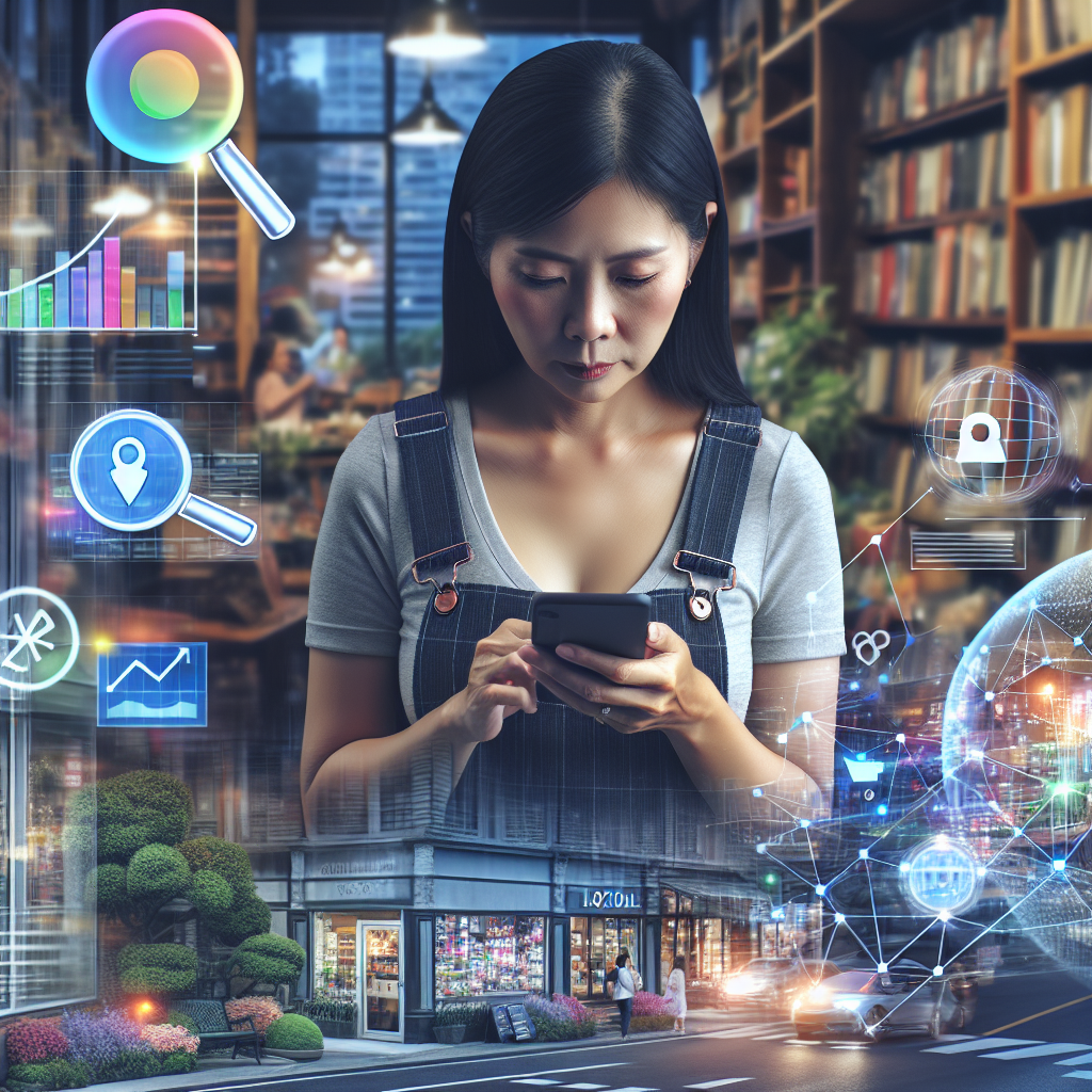 Visualize a bustling small business environment where technology is prominently featured. Picture an Asian female store owner diligently using her smartphone to monitor local SEO strategies. She is focused on her device, which displays colorful graphs and charts representing digital marketing data. The business could be a cozy neighborhood bookstore, illustrating the concept of small enterprises. Embed the notion of location by including a detailed cityscape visible through the shop window. To represent the essential aspect of SEO, depict a giant magnifying glass hovering over the city, symbolizing the power of local search.