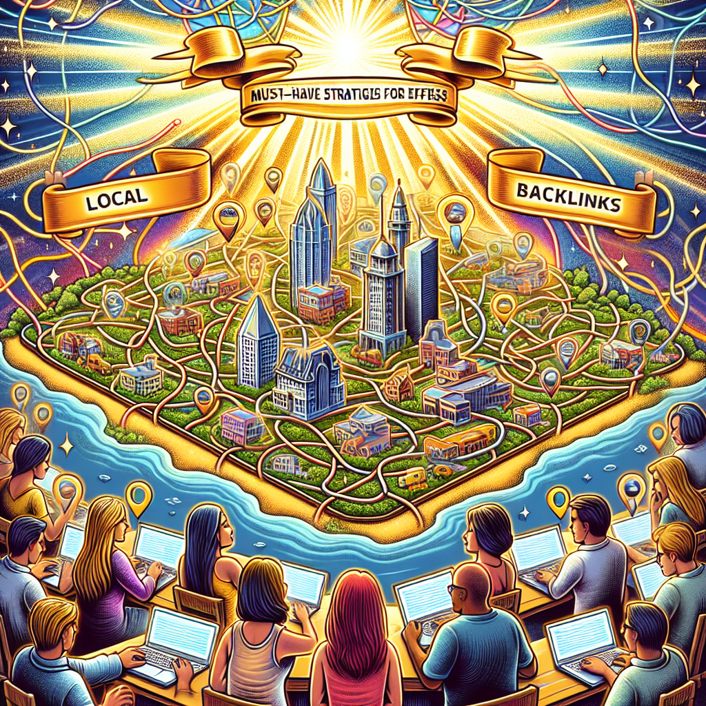 Imagine a detailed colorful illustration for an article on internet marketing. In the center of the image, there is a map of a city showing lots of interconnecting web strands, symbolizing networking. Around the map, you can see people of various descents and genders (Caucasian female, Hispanic male, South Asian male, and Middle Eastern female) busy working on laptops, symbolizing the process of creating backlinks. Above them, shining golden text says 'Local Backlinks'. Underneath the map, there's a long scroll reading 'Must-Have Strategies for Effortless SEO Success'. There's a radiant light behind the scroll, indicating 'success'.