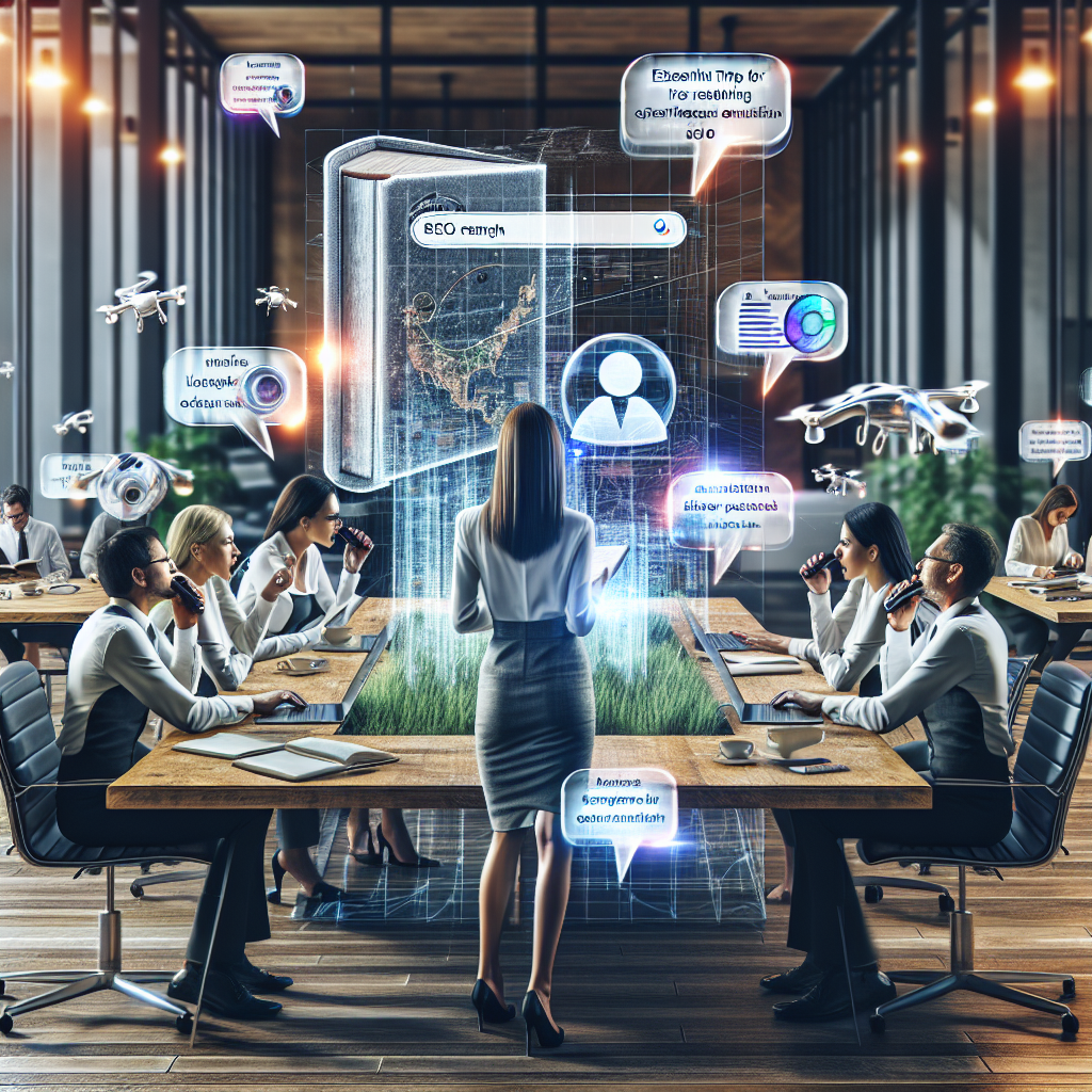 Picture an open office environment where professionals are conducting voice searches on their smart devices. Amidst them is a distinct figure, an east Asian woman in semi-formal attire, who is highlighting search results on a large, transparent digital display screen. The screen displays a local map with SEO ranking, keywords, and analytic graphs. Also, imagine an open book resting on a wooden table with the title 'Essential Tips for Effortless Optimization'. The office is filled with elements of the digital age, like laptops, charging cables, and a few drones flying around the room for internal communication.