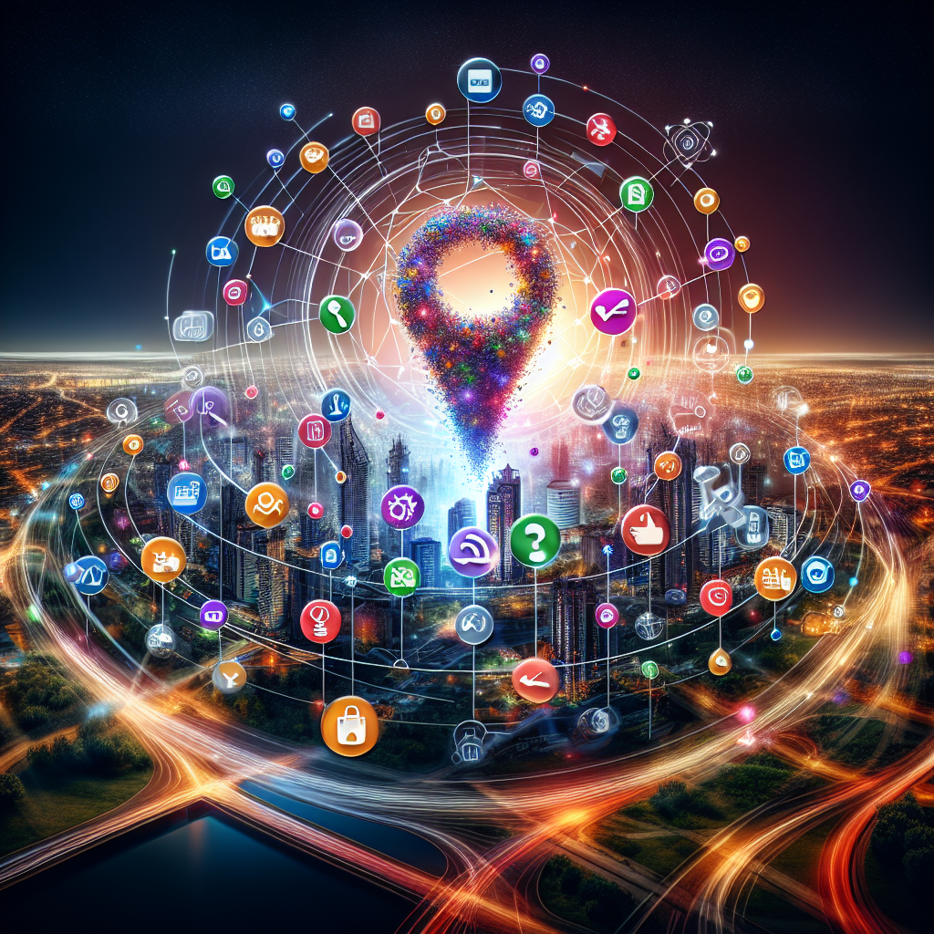 Imagine a striking visualization that embodies the concept of Google Business Profile optimization to boost local SEO. At the centre stands an abstract figure representing a thriving local business, modern and innovative, with 'SEO' elements orbiting around it like electrons around a nucleus. Insights, tips and tricks, marked as brightly colored icons, are sprinkled generously, reinforcing the idea of optimization. Interwoven are hints of a digital connective grid to imply networking. Surrounded by a local cityscape at twilight, the city aglow with potential customers, the image should evoke a sense of virtual growth and local digital prowess.